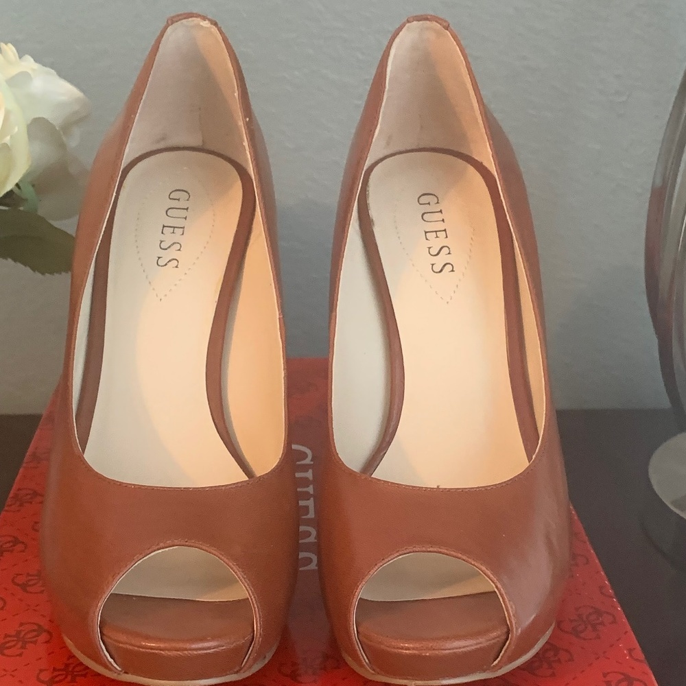 Guess Heels Leather Cognac Nude Open Toe